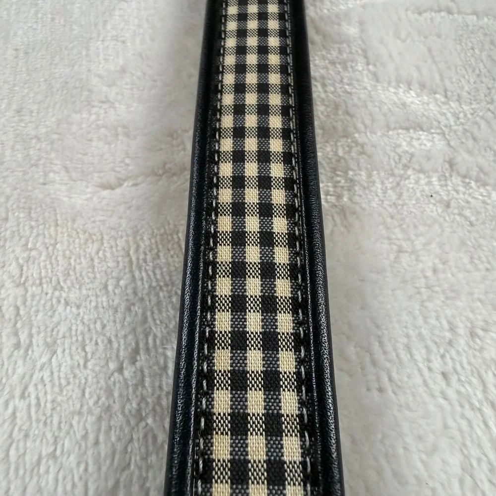 Vtg Talbots Gingham Check Belt Womens M Black Tan Genuine Leather Trim Preppy